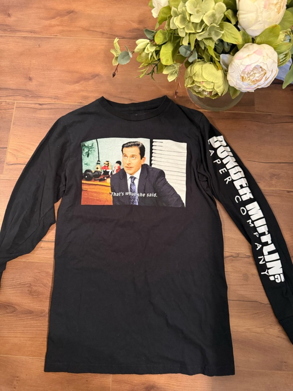 Black Long-Sleeve Graphic Shirt - Office Quote Print